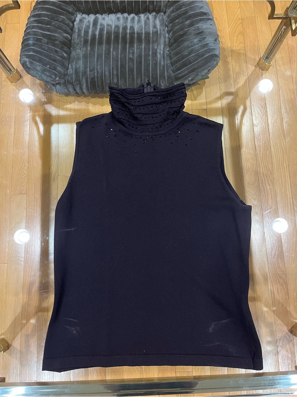 Sleeveless Turtleneck Top with Embellished Neck & Matching Cardigan - Black